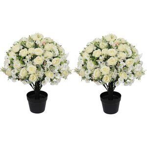Set-2 Cream Artificial Flowers Blooms Eucalyptus Plants Cement Pots Accent Decor